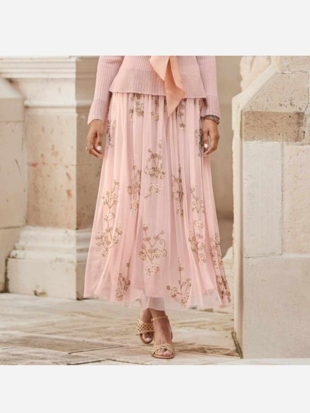 Sundance Catalog Beaded Dance Skirt Maxi Garbo Floral Mesh in Blush Pink SZ L